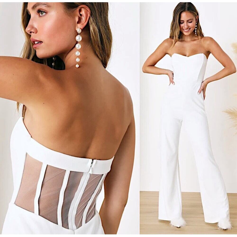 Lulu's White Strapless Wide-Leg Jumpsuit with Mesh Boning
